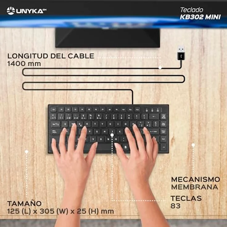 Unykach KB302 Mini Ultraflache Tastatur, 83 Tasten, leise, mattschwarz, USB-Anschluss, spanisches QWERTY-Layout, universelle Kompatibilität – Bild 5
