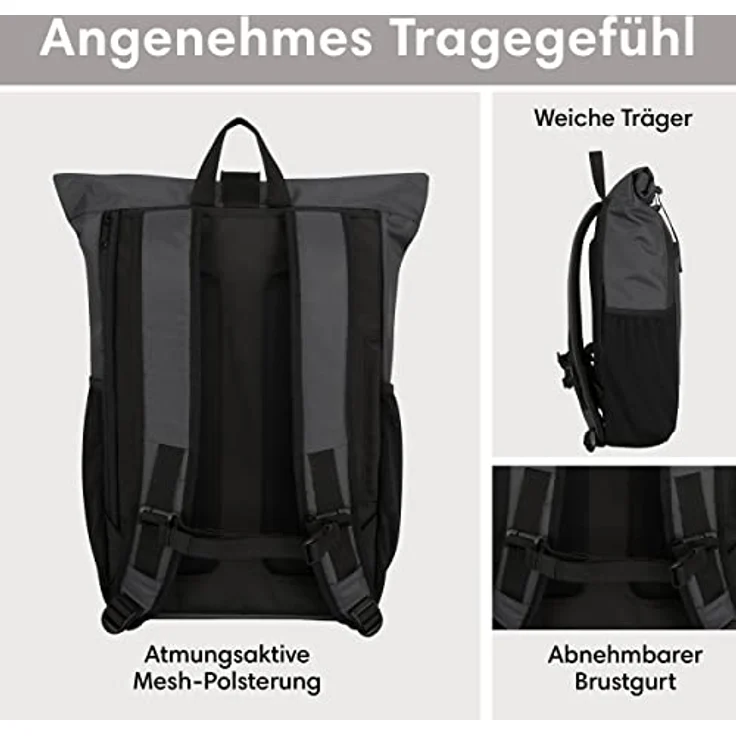 LARKSON Rolltop Rucksack Herren & Damen Groß Anthrazit - No 2 - Daypack für Schule, Uni, Fahrrad - 16 Zoll Laptop Fach für Arbeit - Nachhaltig - Anti-Diebstahl - Wasserabweisend – Bild 5