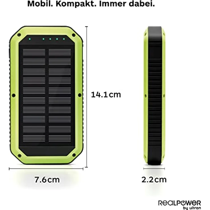 RealPower PB-10000 Wireless Solar Powerbank, 10000mAh Solarladegerät externer Akku mit QI, USB C EIN- Ausgang für Smartphone Tablets und mehr – Bild 3