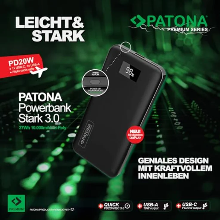 Patona Premium Powerbank Stark 3.0 PD20W 10.000mAh - Leistungsstarkes, Kompaktes Ladegerät für Smartphones, Kameras, Kopfhörer und mehr, in modernem Design – Bild 5