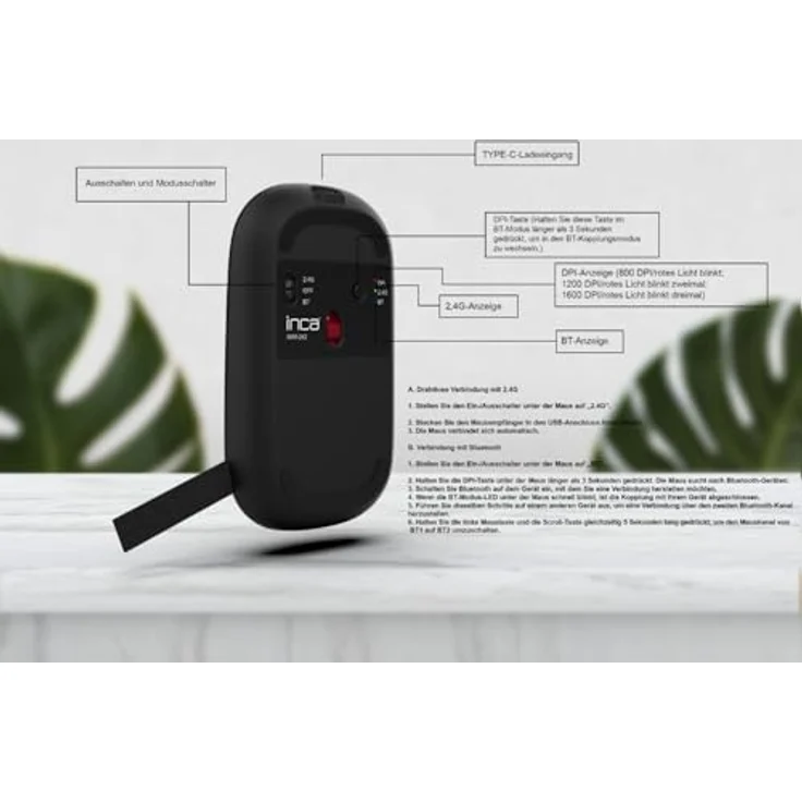 İnca Kabellos Maus IWM-242S, Bluetooth-Funkmaus mit 800/1200/1600 DPI, ergonomisch und leise, wiederaufladbarer Akku, schwarz – Bild 4