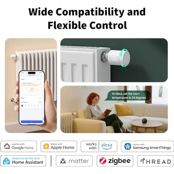 Aqara Smartes Heizkörperthermostat W600, Zigbee/Thread, Energiesparen, Sprachsteuerung, Geofencing, Kompatibel mit Apple Homekit, Alexa, Google – Bild 2