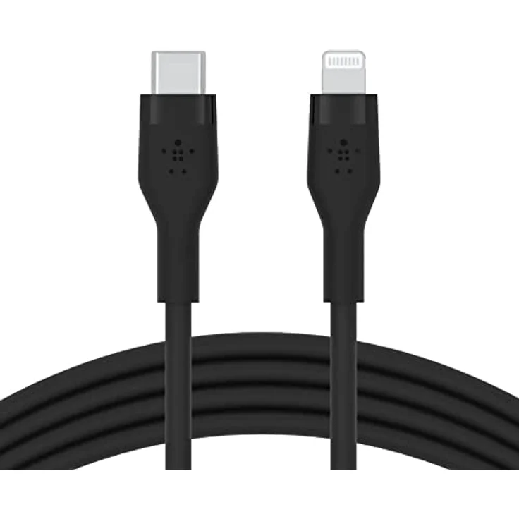 Belkin BoostCharge Flex Silikon-USB-C/Lightning-Kabel, 1 m, MFi-zertifiziert, 20 W, zum Schnellladen mit PD Power Delivery für iPhone 14/14 Plus, 13, 12, Pro, Max, mini, SE und andere Geräte – Schwarz – Bild 1