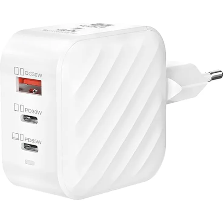Nabo Schnellladestecker PD 65W, 2x USB C und 1x USB A, QC4+ für schnelles Laden, weiß