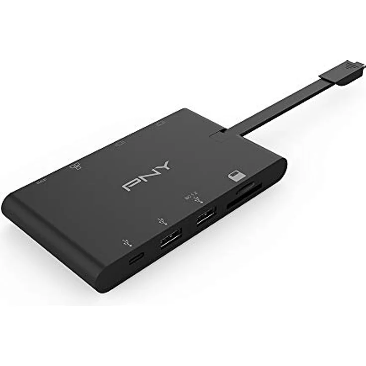 PNY All-In-One USB-C Mini Docking Station mit integriertem USB-C-Kabel mit 2xUSB-C, 2xUSB-A 3.1, 1xHDMI, 1xVGA, 1xRJ45, 1x SD und microSD-Anschlüssen, Schwarz, A-2UF-2TC-K01-RB – Bild 2