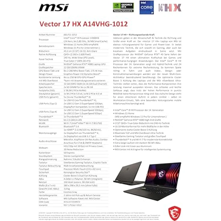 MSI Vector 17 HX, Gaming Laptop, 17,0" QHD+, Intel® Core™ i9 14900HX, 32 GB DDR5, 1 TB SSD, NVIDIA® GeForce RTX™ 4080, Windows 11 Home, QWERTZ Tastatur, A14VHG-1012 – Bild 5