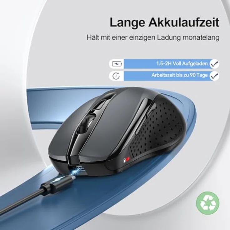 TECKNET TK-MS317, Wiederaufladbare Bluetooth Maus mit 4800 DPI, Ergonomische Funkmaus für Laptops, Mac OS, Android, Windows, Grau, drei Modi (BT 5.0/3.0 + 2.4G), leiser Klick – Bild 2