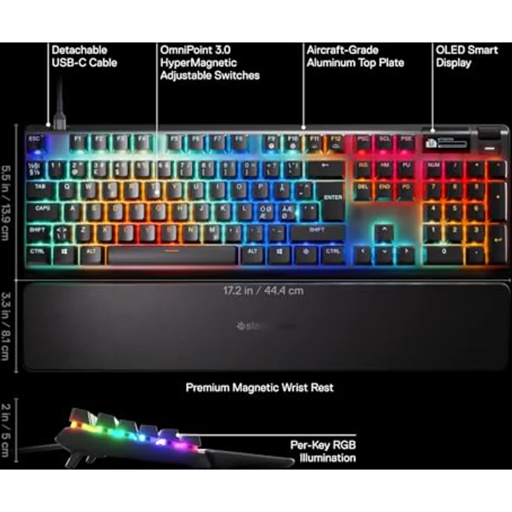 SteelSeries Apex Pro Gen 3, Gaming-Tastatur mit Hall Effect Switches, OmniPoint 3.0, einstellbarer Betätigung, Game-Ready Presets, Rapid Trigger, Schutzmodus, Nordic QWERTY – Bild 3