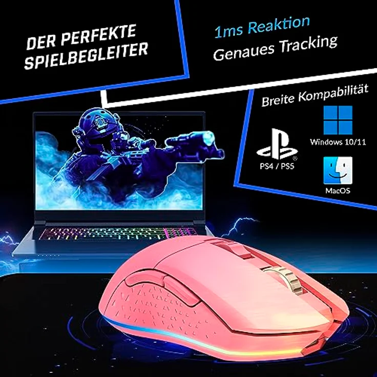 KLIM Blaze, Wiederaufladbare kabellose RGB Gaming Maus mit hochpräzisem Sensor, bis zu 10000 DPI, Ergonomisches Design, Kabel- und Funkmodus, Rosa – Bild 3