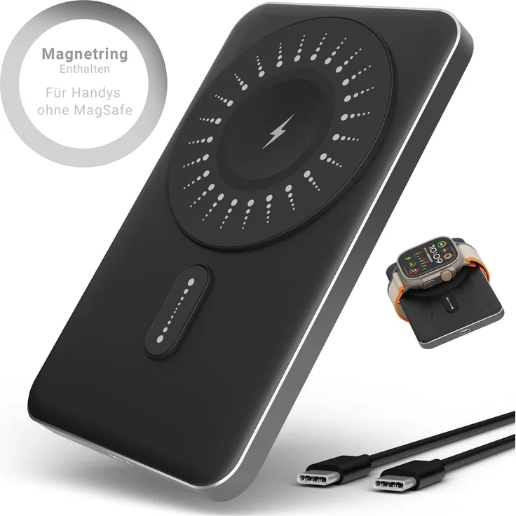 GreenHec MagSwift Duo Powerbank 5000mAh Grey - Magnetisches kabelloses Laden für iPhone 16 15 14 13 12 11 Pro Max und Samsung