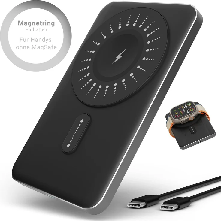 GreenHec MagSwift Duo Powerbank 5000mAh Grey - Magnetisches kabelloses Laden für iPhone 16 15 14 13 12 11 Pro Max und Samsung