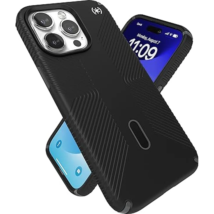 Speck iPhone 15 Pro Max Hülle – ClickLock rutschfeste Interlock, gebaut für MagSafe, Fallschutzgriff – Kratzfest, weiche Haptik, 6,7 Zoll Handyhülle – Presidio2 Grip Schwarz/Schiefergrau/Weiß – Bild 1