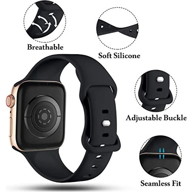 CeMiKa Silikon Sportarmband für Apple Watch, kompatibel mit 38mm-49mm, Hautfreundliches Material, Schwarz – Bild 4