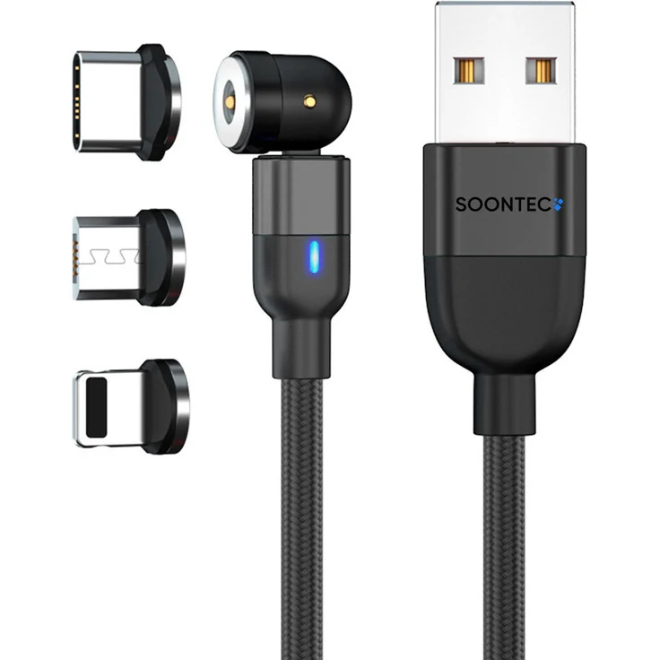 SOONTEC Magnet Ladekabel 0,5 Meter, drehbar 360° & 180°, Micro USB/USB-C/Lightning, 2.4 A, schwarz