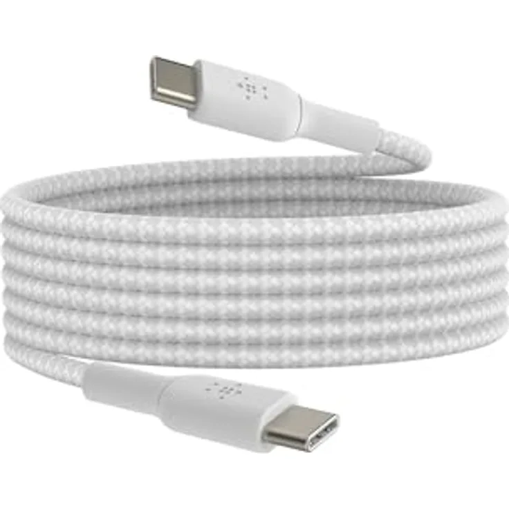 Belkin BoostCharge (2 m) geflochtenes USB-C auf USB-C Kabel für iPhone 16, Galaxy S24, Pixel 8/7, iPad Pro – Weiß, Schnellladefunktion bis zu 60 W, Hochgeschwindigkeits-Datentransfer bis zu 480 Mbit/s, Langlebigkeit mit über 30.000 Biegungen.
