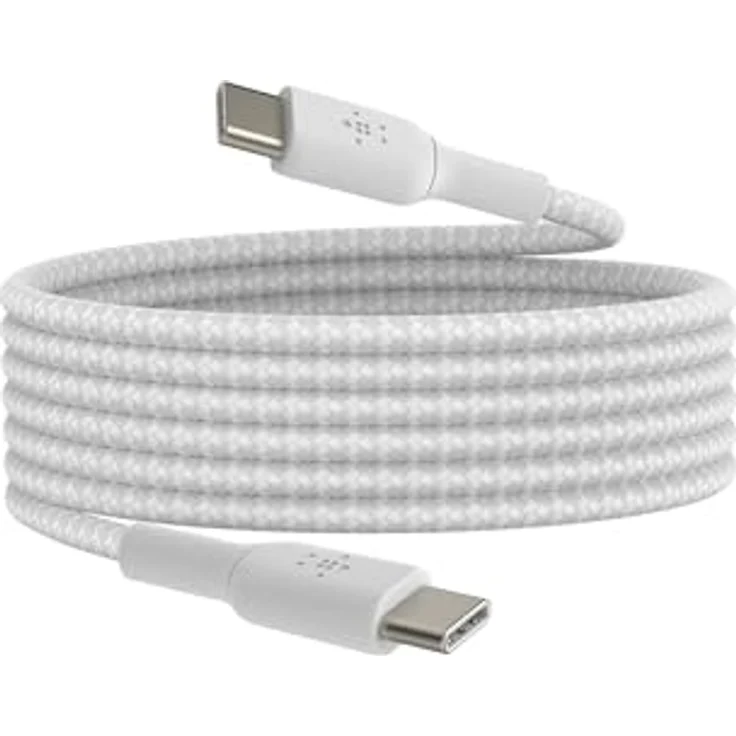 Belkin BoostCharge (2 m) geflochtenes USB-C auf USB-C Kabel für iPhone 16, Galaxy S24, Pixel 8/7, iPad Pro – Weiß, Schnellladefunktion bis zu 60 W, Hochgeschwindigkeits-Datentransfer bis zu 480 Mbit/s, Langlebigkeit mit über 30.000 Biegungen. – Bild 1