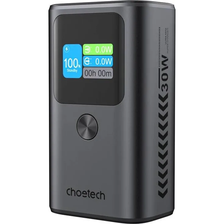 CHOETECH Powerbank B701, 10.000 mAh mit 30W PD, Grau, 3 Anschlüsse und TFT-Display