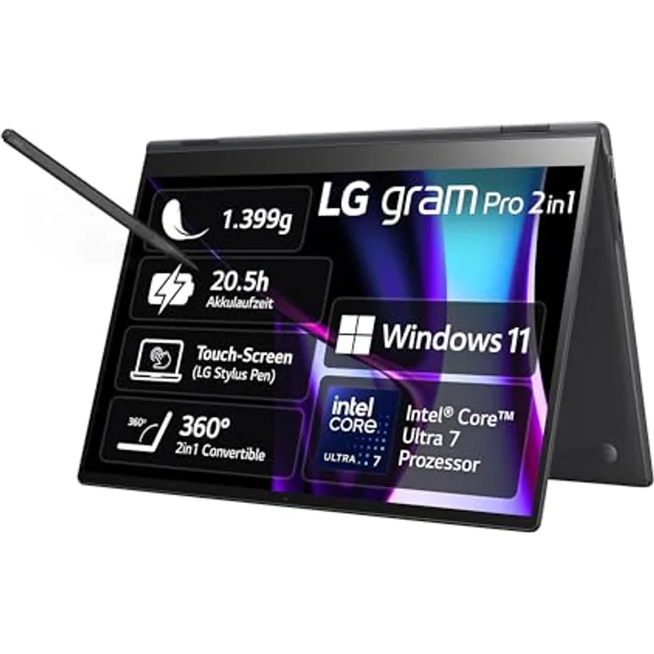 2024 LG gram Pro 16 Zoll 2in1 Notebook 16T90SP-K.AA78G - 1399g Intel Core Ultra7 Laptop (16GB RAM, 1TB Dual SSD, 20,5h Akkulaufzeit, OLED Touch Panel, LG Stylus Pen, Win 11 Home) - Schwarz