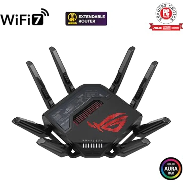 ASUS ROG Rapture GT-BE98 Quad-Band WiFi 7 Gaming Router (320MHz Bandbreite, duale 10G Ports, Backup WAN, Mobile Game Mode, Aura RGB, AiMesh, VPN) – Bild 2