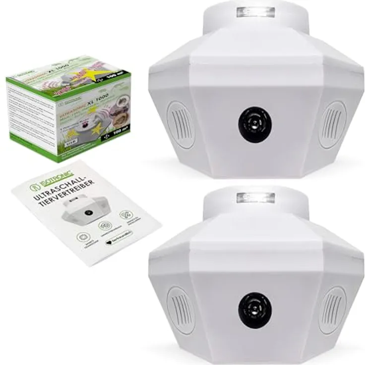ISOTRONIC® Marderschreck Ultraschallgerät für 2 x 100 qm, Steckdosenbetrieb, LED-Licht, Mäuseabwehr für Dachboden, Haus, Garage, seit 1979