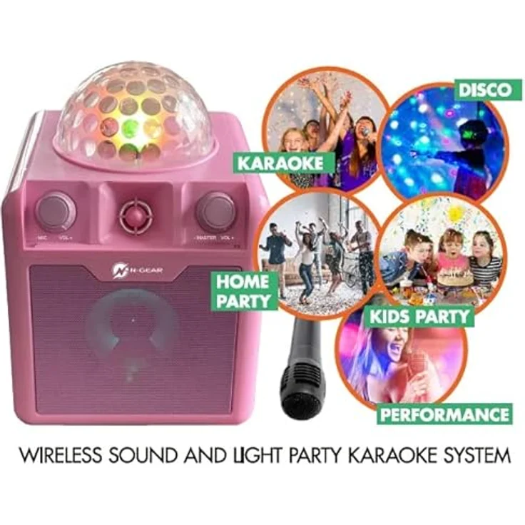 N-Gear DISCO410 Karaoke & Party Bluetooth Lautsprecher mit Discokugel, Mikrofon und Power Bank Funktion, Pink – Bild 4