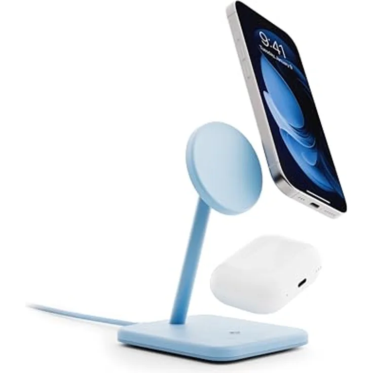 Twelve South HiRise 2 Deluxe, Kabelloser Ladeständer mit 15W Qi2 Magnetladegerät, 5W Ladeplatz und verstellbarer 70-Grad-Neigung, Glacier Blue
