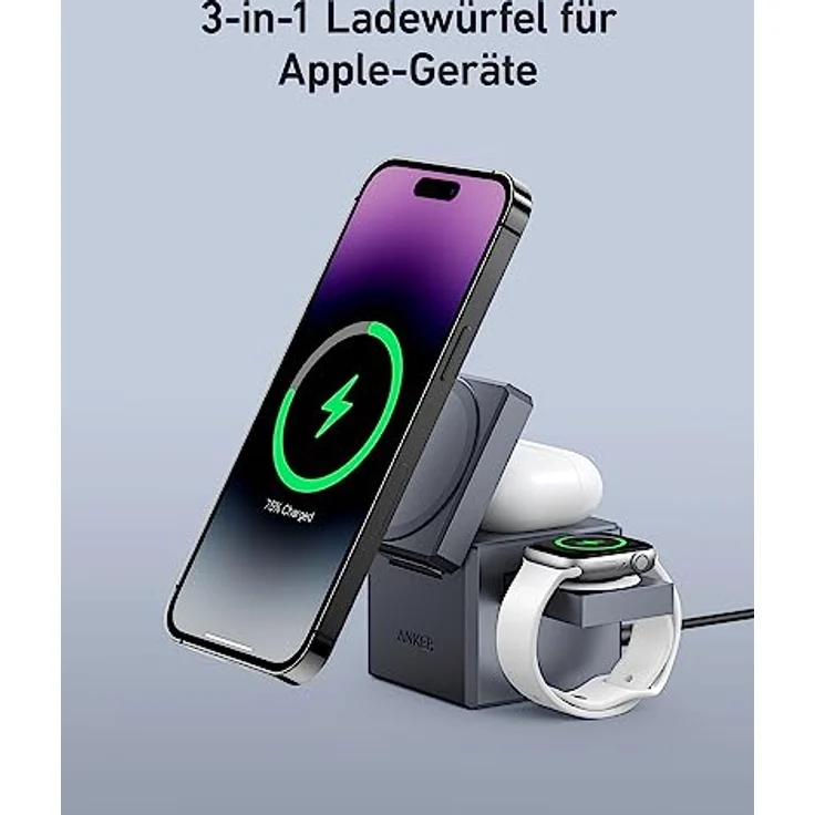 Anker 3-in-1 Cube mit MagSafe, 15W kabellose Höchstladeleistung, Kompatibel mit iPhone 14/13 / 12 Serien, Apple Watch Serie 1-7 / SE, und AirPods Pro / 3/2 (Inklusive 30W Netzteil) – Bild 3