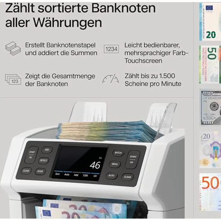 Safescan 2850, Geldzählmaschine mit 3-facher Echtheitsprüfung und mehrsprachiger Benutzeroberfläche – Bild 3