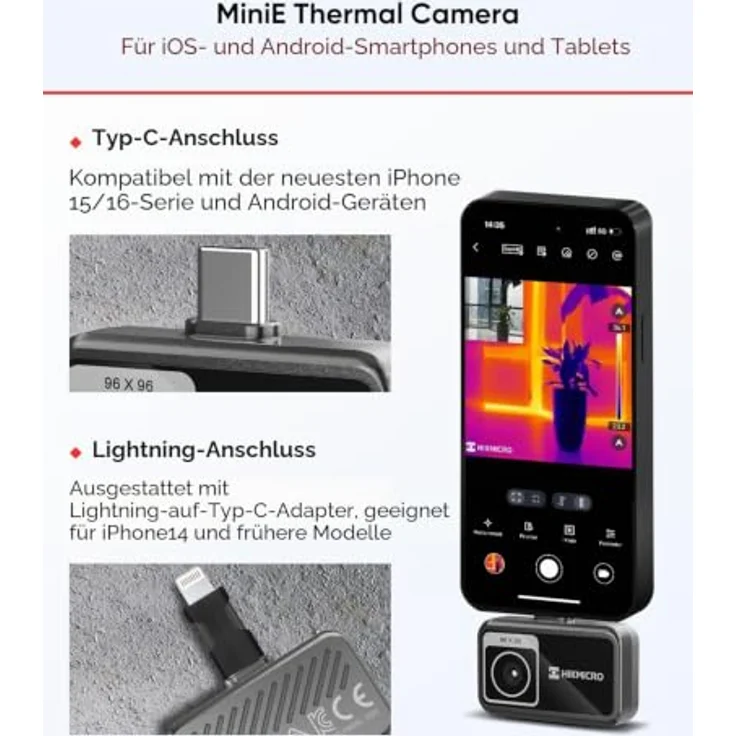HIKMICRO Mini E Wärmebildkamera, -20 bis 400 °C, 96 x 96 Pixel, 25 Hz, kompakt für Hausinspektionen – Bild 2