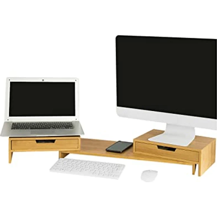 BBF04-N Design Monitorerhöhung für 2 Monitore Monitorständer Schreibtischaufsatz mit 2 Schubladen breitenverstellbar - Sobuy – Bild 2