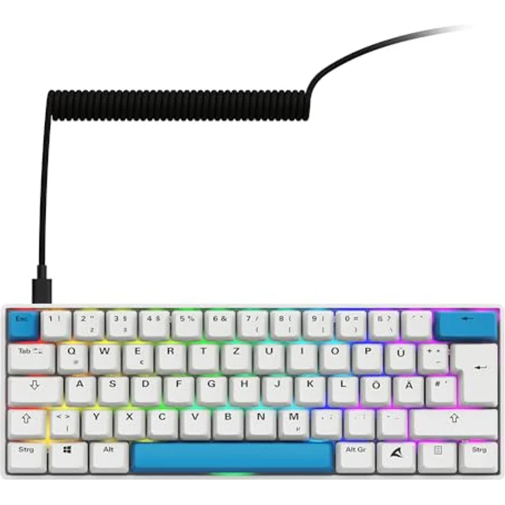Sharkoon Skiller SGK50 S4 Gen2 PBT, Gaming-Tastatur mit Gateron G-Pro Yellow Schaltern, 60% DE-Layout, weiß, abnehmbares USB-C Spiralkabel – Bild 2