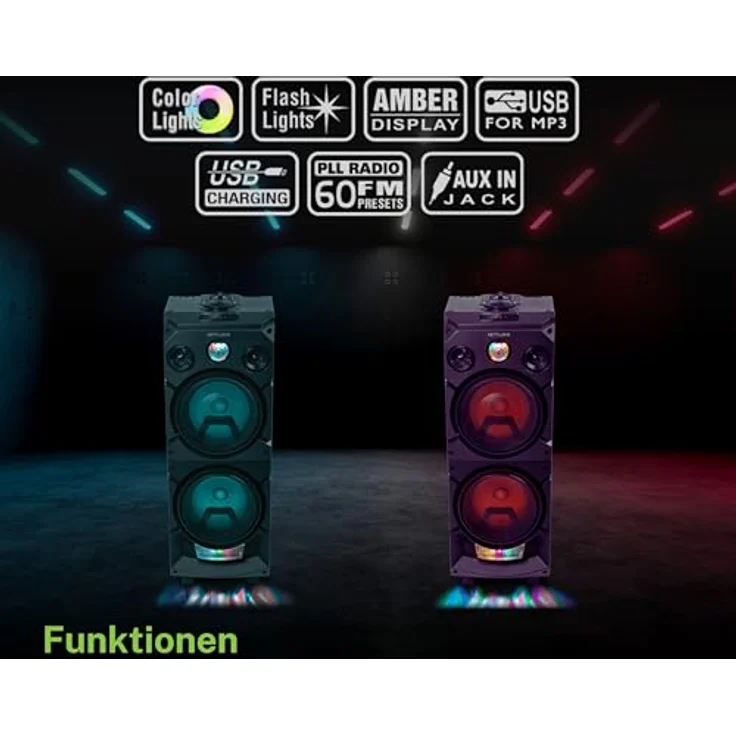 Muse M-1935 DJ PA-Anlage 400 Watt, mit Bluetooth und Licht-Effekten (USB, AUX, Mikrofon-Eingang), schwarz – Bild 6