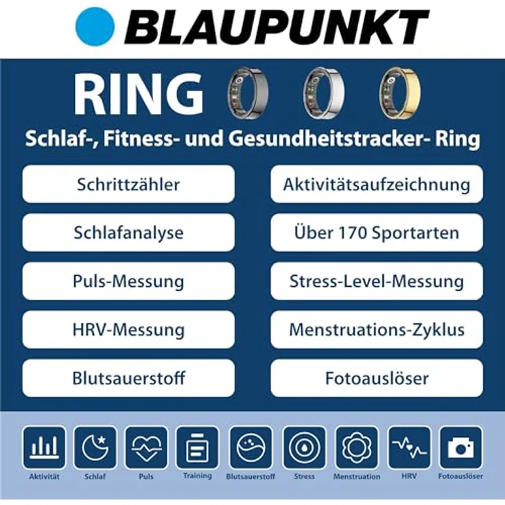 Blaupunkt Smart Ring V2 | Edelstahl Fitness- & Gesundheitsring mit IP68, Schritte, Schlaf, Puls, Blutsauerstoff SpO2, Kalorien | Schwarz, Größe 11, für Android und iOS – Bild 4