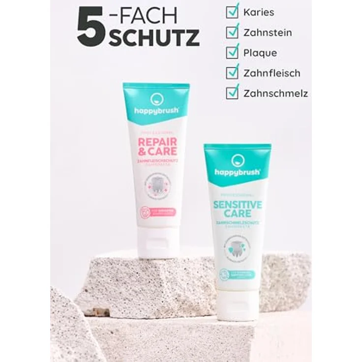 happybrush® Professional Zahnpasta 1x SensitiveCare mit Kräuter Geschmack und 1x Repair&Care - für sensitive/schmerzempfindliche Zähne - Doppelpack (2x 75ml) – Bild 5