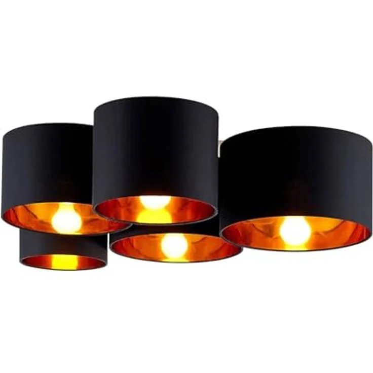 Lindby Stoff Deckenlampe Laurenz schwarz-gold, 5 Schirme Ø 20 25 28 30 32 cm 5x E27 max. 60W Textil Deckenleuchte ohne Leuchtmittel – Bild 1