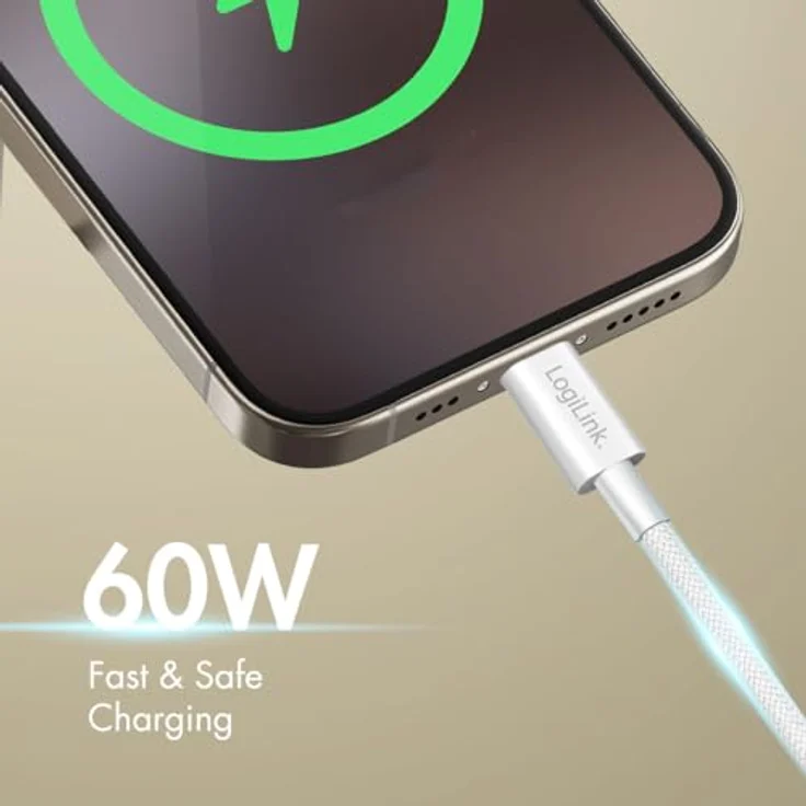 Logilink USB 2.0 Typ-C Anschlusskabel, C (Stecker) zu C (Stecker), 60W, Nylon-Ummantelung, Weiß, 1 m – Bild 3