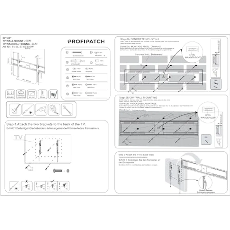 ProfiPatch TV Halterung Slim, feste Wandmontage für LCD/LED 37-85 Zoll bis 60kg, schwarz – Bild 6