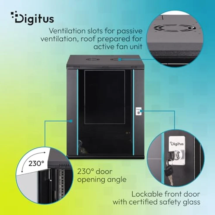 DIGITUS Netzwerkschrank 19-Zoll Rack 16HE, unmontiert, Wandmontage, 600 mm Tiefe, 60 kg Traglast, schwarze Sicherheitsglastür, Dynamic-N Serie – Bild 4