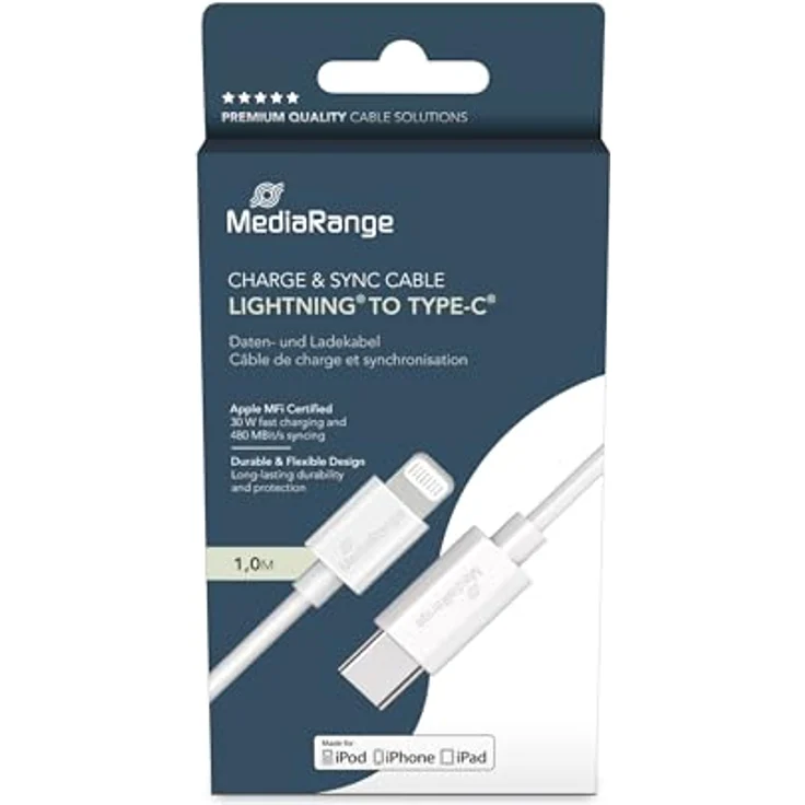 MediaRange Apple Lightning® auf USB Type-C® Daten- und Ladekabel, MFi-zertifiziert, 30 W Schnellladung, 480 MBit/s, 1,0m, Weiß – Bild 1