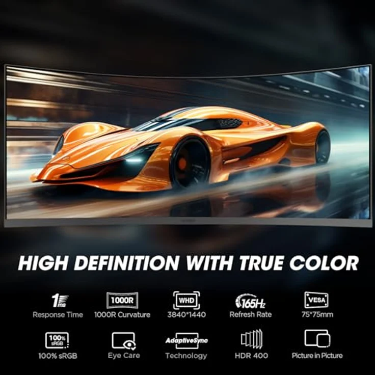 KOORUI 34E6UC 34 Zoll Ultrawide Curved Gaming Monitor, 180Hz, UWQHD 3440x1440, HDR 400, 1ms Reaktionszeit, Adaptive Sync, Höhenverstellbar, 2xHDMI & Display Port – Bild 3