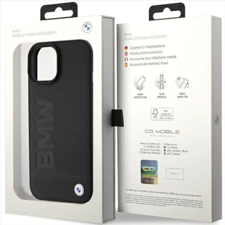 BMW Handyhülle Case iPhone 15, Echtleder schwarz mit Metalllogo, 6,1 Zoll, Kantenschutz – Bild 8