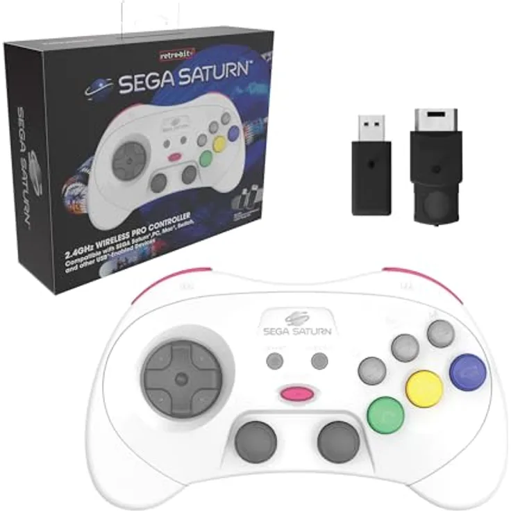 retro-bit SEGA Saturn PRO Controller - Wireless, Hall-Effekt-Analogsticks, 4 Schultertasten, USB-C, Weiss