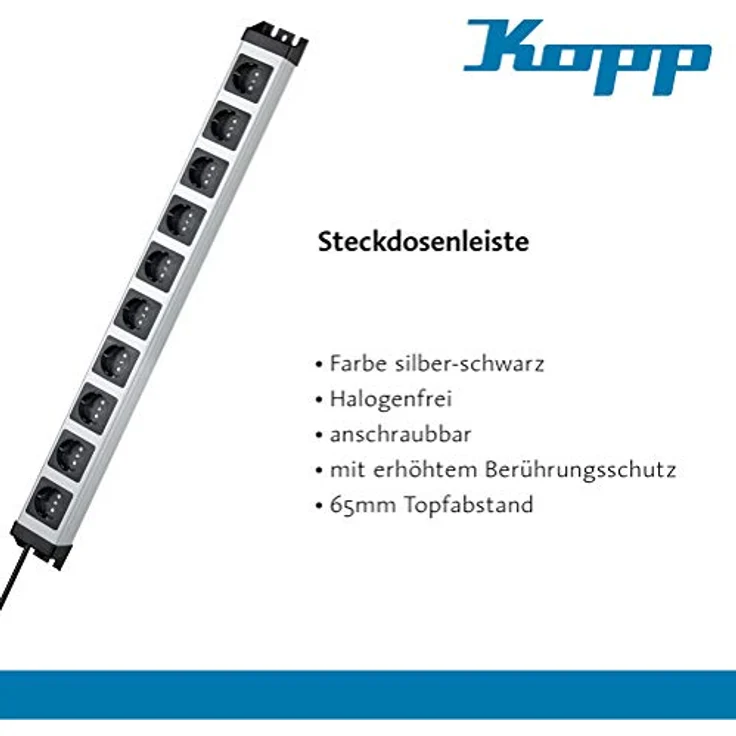 Kopp POWERversal 10-fach Steckdosenleiste 1,4m mit großem Steckdosen-Abstand I Mehrfach-Steckdose anschraubbar mit Berührungsschutz I Mehrfachstecker Innenbereich I Silber – 227120011 – Bild 3