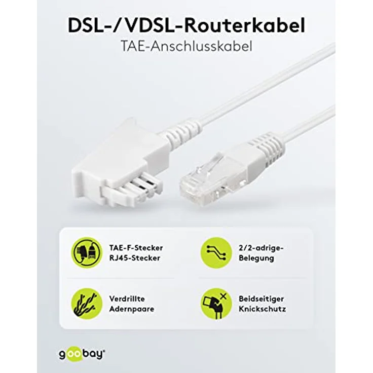 goobay 60672 Routerkabel, Telefonkabel, Anschlusskabel für DSL/ADSL/VDSL, TAE-F Stecker auf RJ45 Stecker (8P2C), weiß, 10 Meter – Bild 2