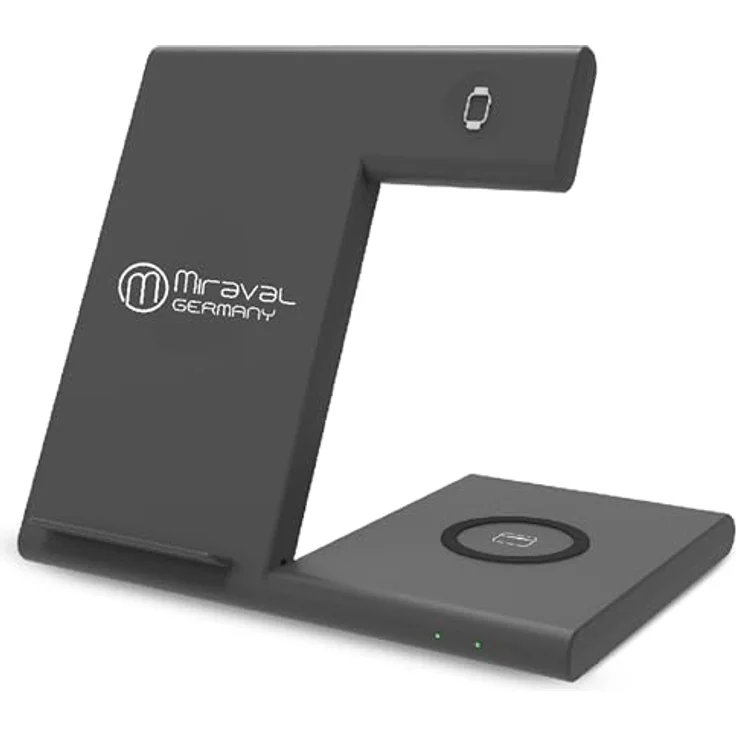 Miraval 3-in-1 Ladestation, Kabelloses Ladegerät für Smartphone, Kopfhörer & Smartwatch, 15W Schnellladung, Faltbares Design, USB-C, Schwarz