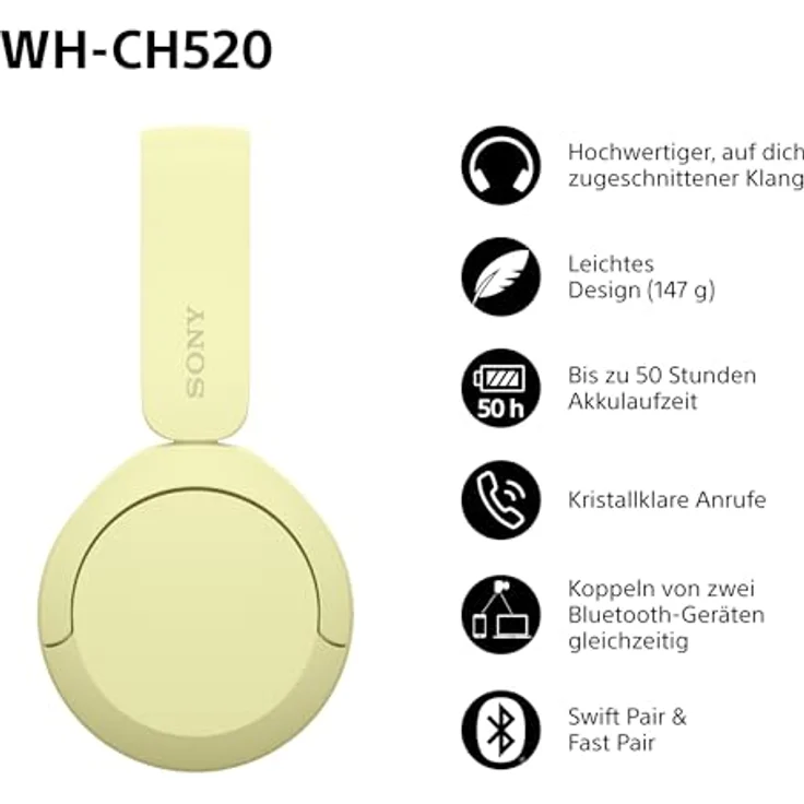 Sony WH-CH520 Kabelloser Bluetooth On-Ear-Kopfhörer, hohe Klangqualität, leichtes Design, bis zu 50 Stunden Akkulaufzeit, Schnellladung, EQ, klare Gesprächsqualität - Gelb – Bild 2