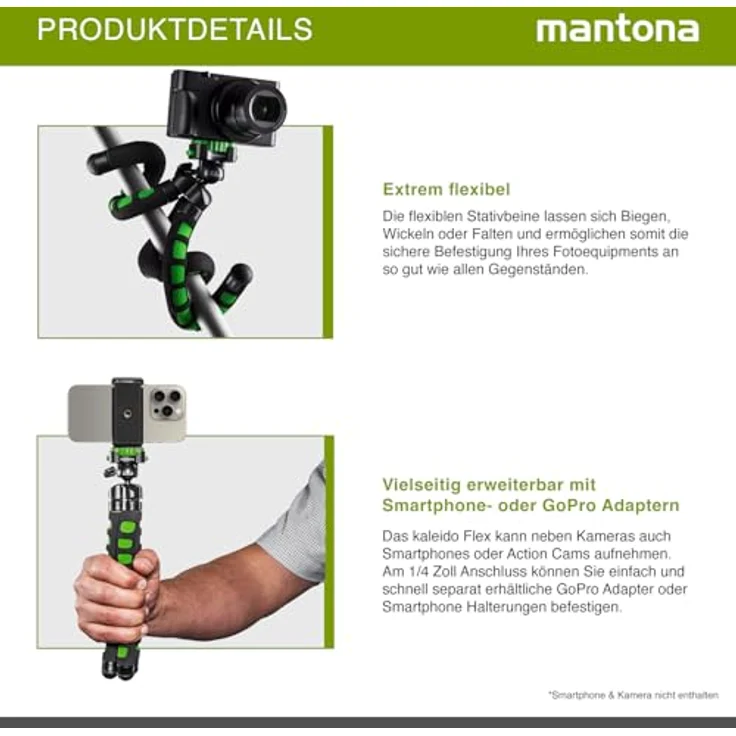 Mantona kaleido Flex leichtes Flex Stativ (mit hochwertigem 360° Kugelkopf, geeignet für Digital und Videokameras, Smartphones und Action Cams) lime green – Bild 4