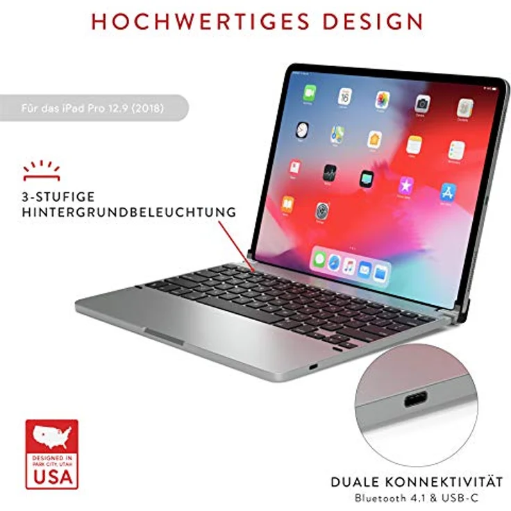 BRYDGE 12.9 Pro, Hochwertige Bluetooth Tastatur aus Aluminium, deutsches Layout QWERTZ, für das iPad Pro 12.9 (2018 & 2020), inklusive magnetischem iPad Cover, silber - Preisvergleich – Bild 6