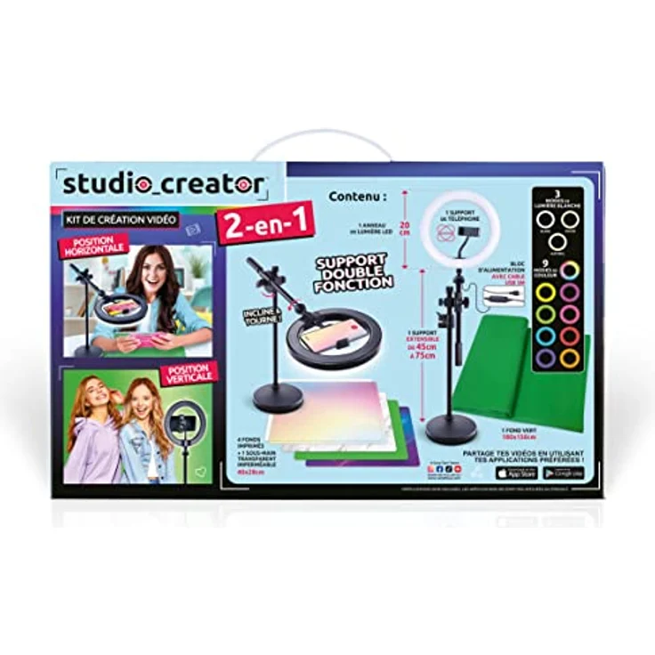 Canal Toys Creator-Studio 2-in-1 Videoleuchte, mehrfarbiger LED-Ring mit 12 Modi, verstellbares Stativ, inklusive Hintergründe und Schreibtischunterlage, INF 027 – Bild 3