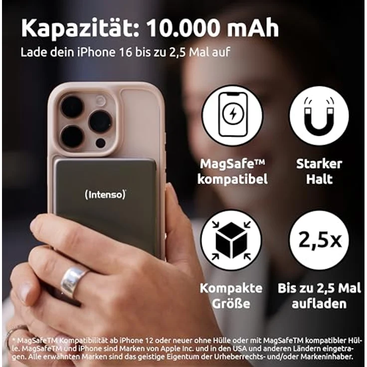 Intenso MW10000 Magnetische Powerbank 10000 mAh, MagSafe kompatibel, Wireless Charging 15W, USB-C PD 20W, Grau – Bild 3